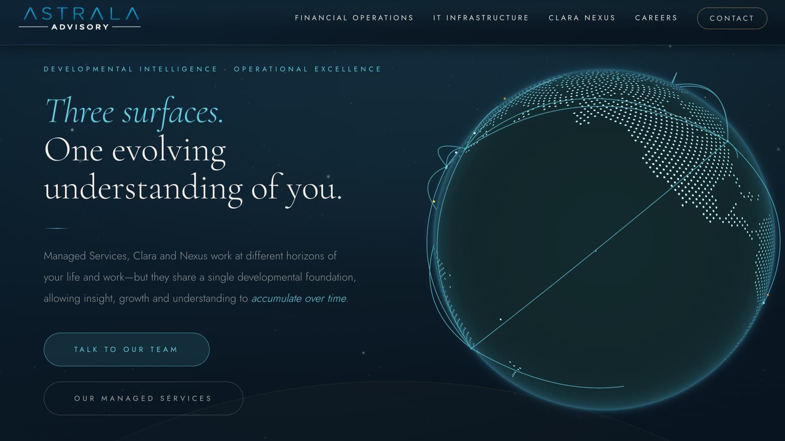 The Astrala Advisory home page: a deep navy hero with a wireframe globe and serif headline