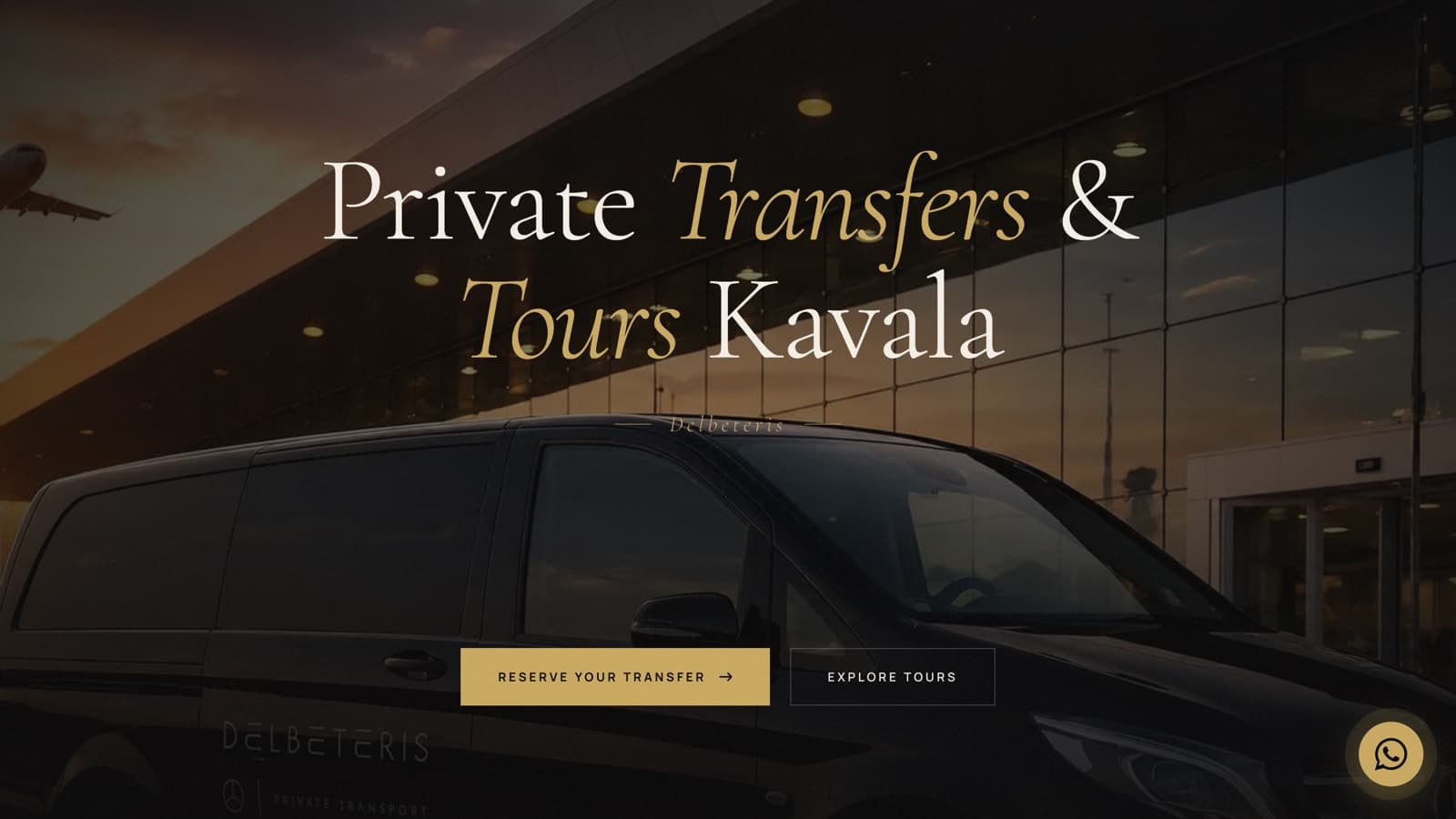 The Delbeteris home page: a black Mercedes van at Kavala airport under the headline Private Transfers and Tours Kavala